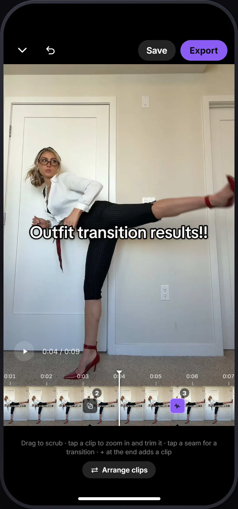PoseCut's editor: a preview above a timeline of several clips running under a fixed playhead, with transition badges on the seams between them.