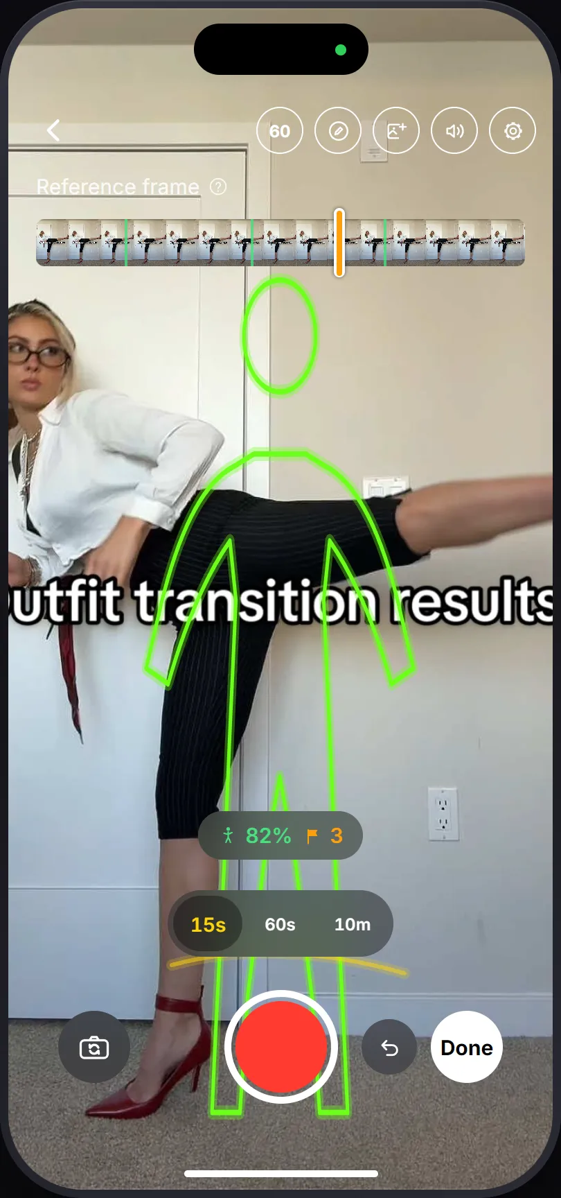 PoseCut's camera on a later take: green steady marks along the reference scrubber, the previous take's outline over the live camera, and a match percentage above the shutter.
