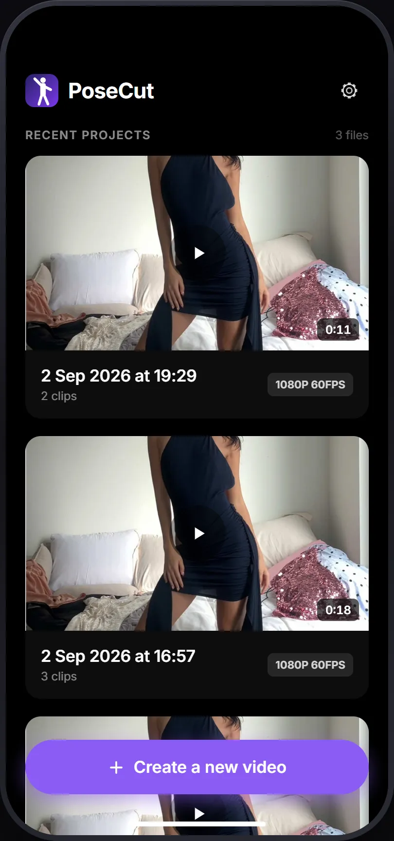 PoseCut's home screen: a list of projects, each a card showing a frame from the footage with its clip count, quality and run time.